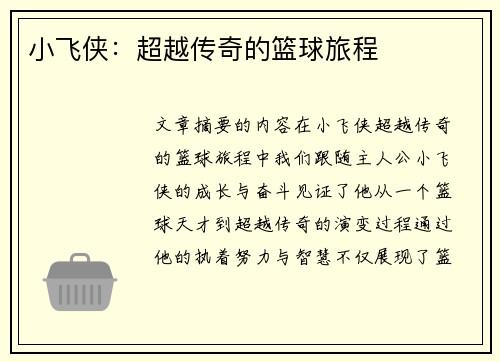 小飞侠：超越传奇的篮球旅程